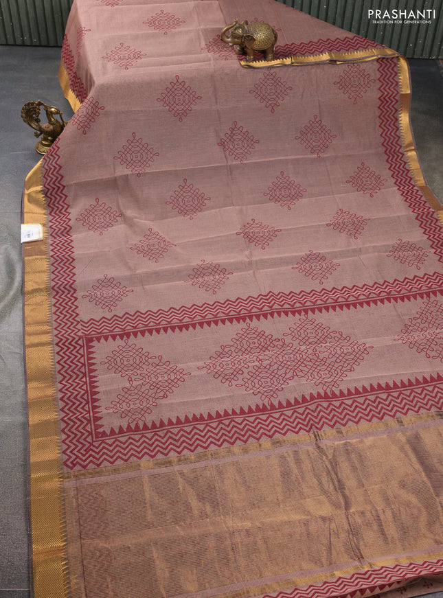 Mangalgiri cotton block printed saree pastel brown with butta prints and zari woven border