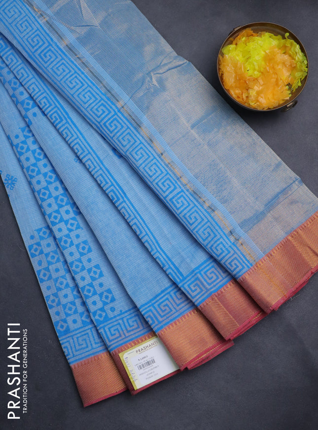 Mangalgiri cotton block printed saree light blue and red with allover butta prints and zari woven border