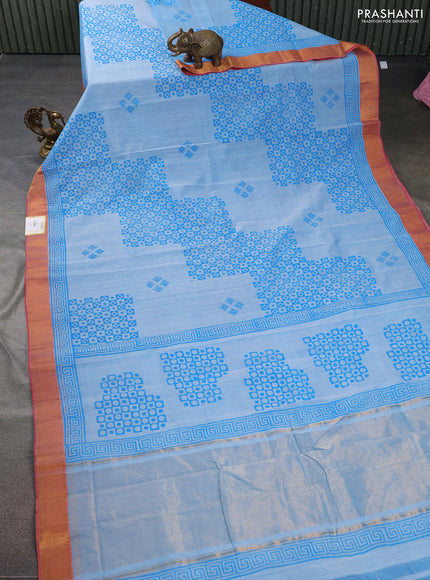 Mangalgiri cotton block printed saree light blue and red with allover butta prints and zari woven border