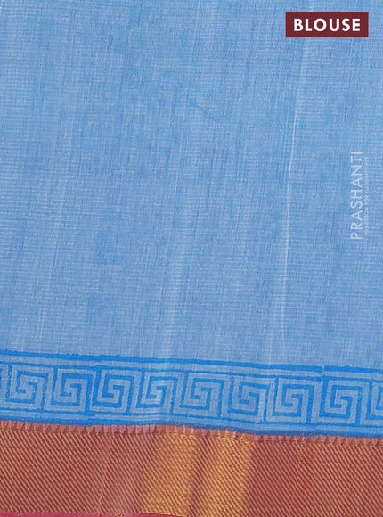 Mangalgiri cotton block printed saree light blue and red with allover butta prints and zari woven border