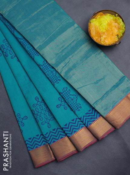 Mangalgiri cotton block printed saree teal blue and red shade with butta prints and zari woven border