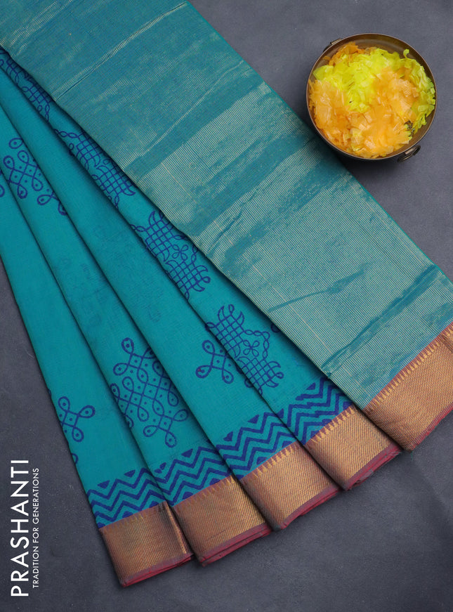 Mangalgiri cotton block printed saree teal blue and red shade with butta prints and zari woven border