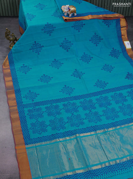 Mangalgiri cotton block printed saree teal blue and red shade with butta prints and zari woven border