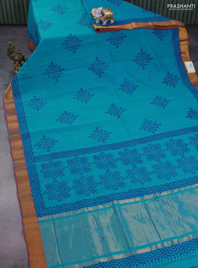 Mangalgiri cotton block printed saree teal blue and red shade with butta prints and zari woven border