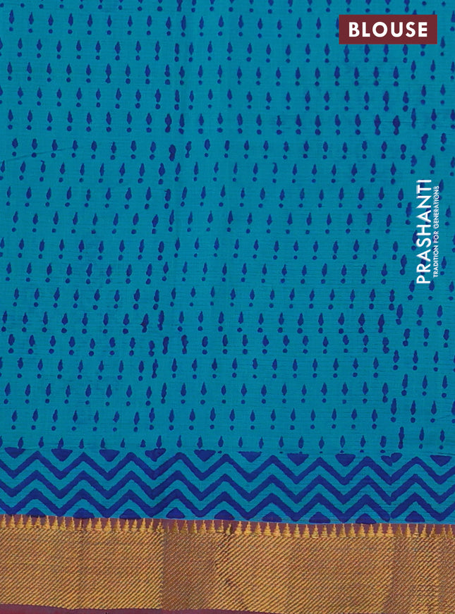 Mangalgiri cotton block printed saree teal blue and red shade with butta prints and zari woven border