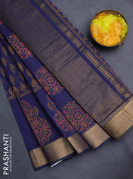 Mangalgiri cotton block printed saree dark blue with allover butta prints and zari woven border