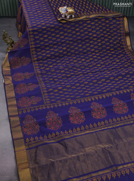 Mangalgiri cotton block printed saree dark blue with allover butta prints and zari woven border