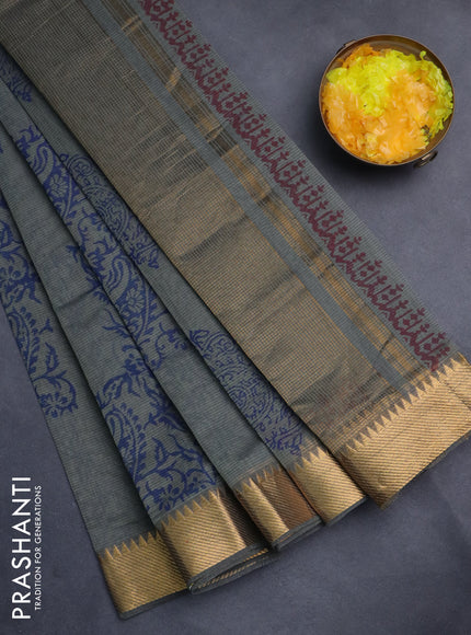 Mangalgiri cotton block printed saree grey with butta prints and zari woven border