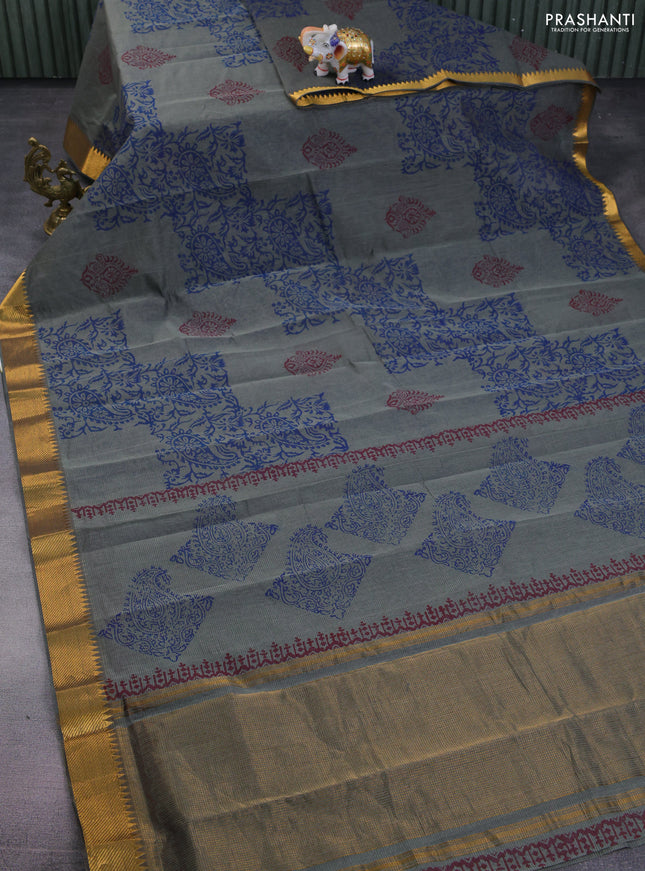 Mangalgiri cotton block printed saree grey with butta prints and zari woven border