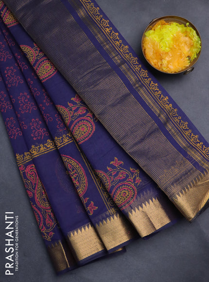 Mangalgiri cotton block printed saree dark blue with allover prints and zari woven border