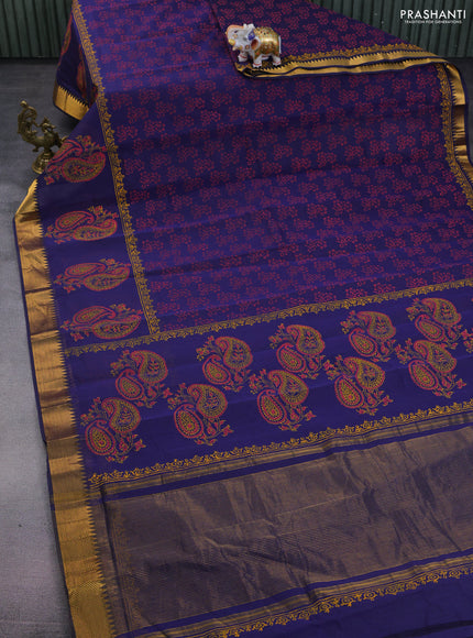 Mangalgiri cotton block printed saree dark blue with allover prints and zari woven border