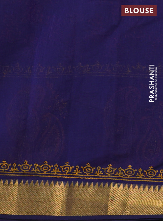 Mangalgiri cotton block printed saree dark blue with allover prints and zari woven border