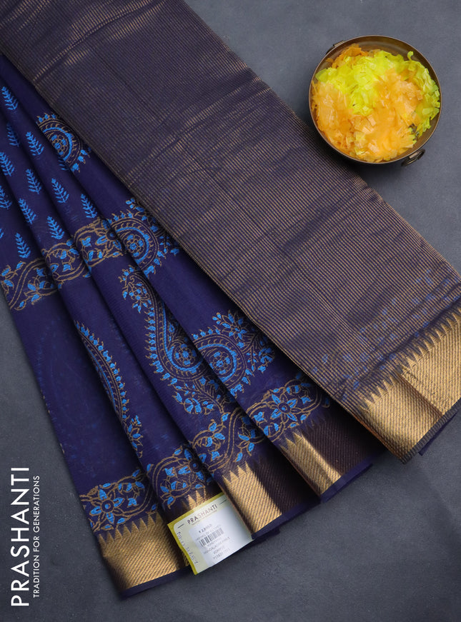 Mangalgiri cotton block printed saree dark blue with allover butta prints and zari woven border