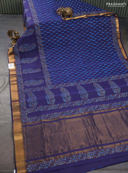 Mangalgiri cotton block printed saree dark blue with allover butta prints and zari woven border