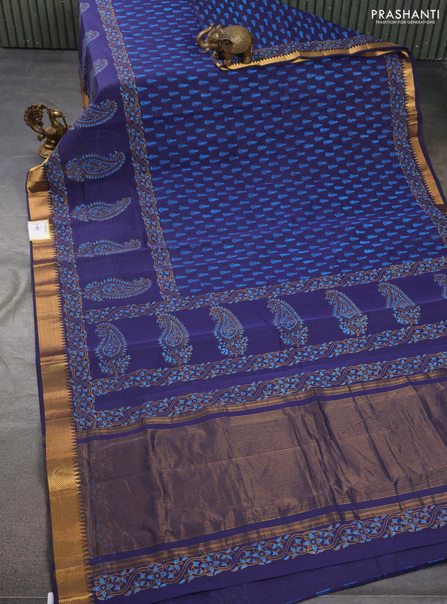 Mangalgiri cotton block printed saree dark blue with allover butta prints and zari woven border