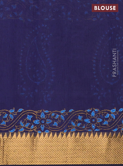 Mangalgiri cotton block printed saree dark blue with allover butta prints and zari woven border