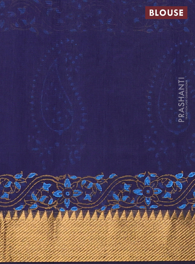 Mangalgiri cotton block printed saree dark blue with allover butta prints and zari woven border