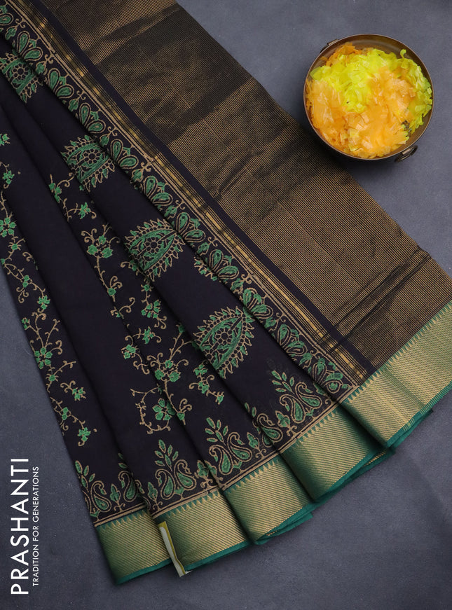Mangalgiri cotton block printed saree deep jamun shade and green with allover prints and zari woven border