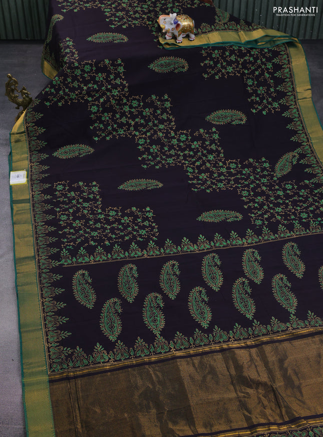 Mangalgiri cotton block printed saree deep jamun shade and green with allover prints and zari woven border