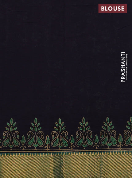 Mangalgiri cotton block printed saree deep jamun shade and green with allover prints and zari woven border