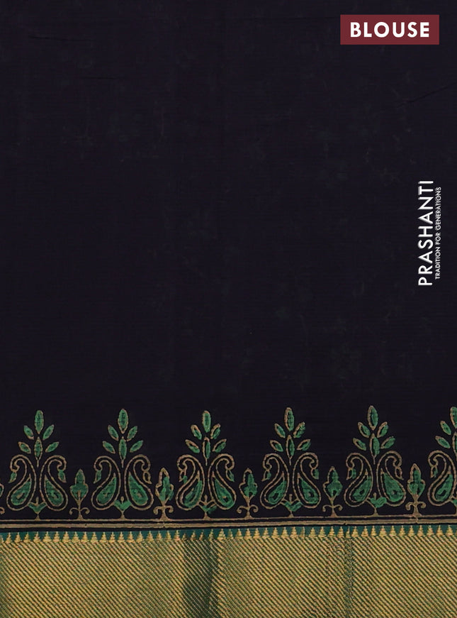 Mangalgiri cotton block printed saree deep jamun shade and green with allover prints and zari woven border