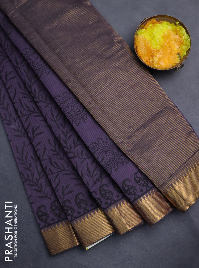 Mangalgiri cotton block printed saree wine shade with allover prints and zari woven border