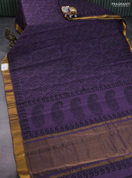 Mangalgiri cotton block printed saree wine shade with allover prints and zari woven border