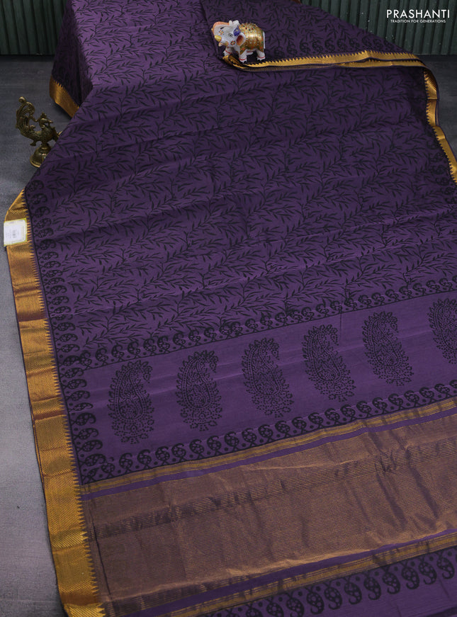 Mangalgiri cotton block printed saree wine shade with allover prints and zari woven border