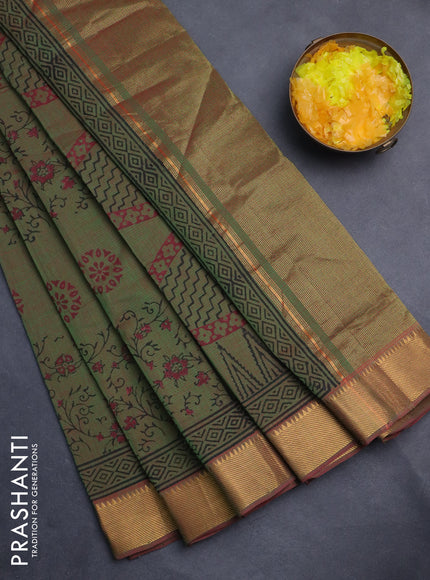 Mangalgiri cotton block printed saree dual shade of greenish red with allover butta prints and zari woven border