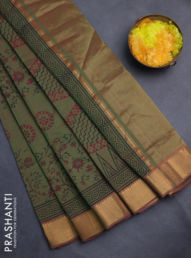 Mangalgiri cotton block printed saree dual shade of greenish red with allover butta prints and zari woven border