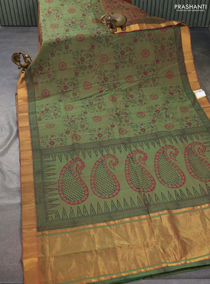 Mangalgiri cotton block printed saree dual shade of greenish red with allover butta prints and zari woven border
