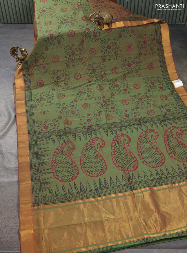 Mangalgiri cotton block printed saree dual shade of greenish red with allover butta prints and zari woven border