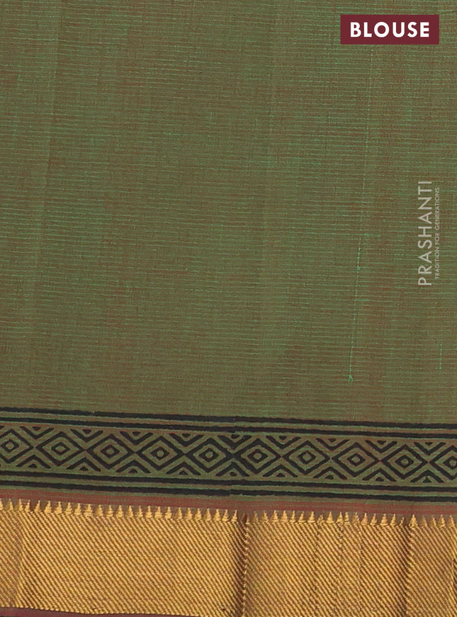 Mangalgiri cotton block printed saree dual shade of greenish red with allover butta prints and zari woven border