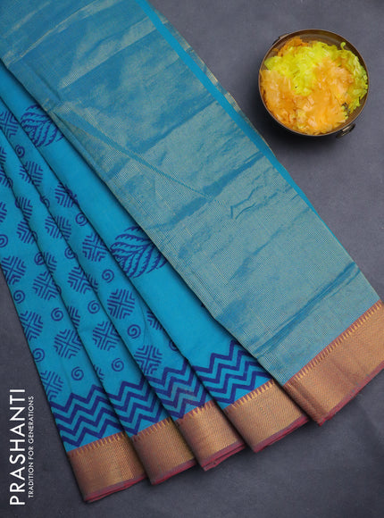 Mangalgiri cotton block printed saree teal blue and maroon with allover butta prints and zari woven border