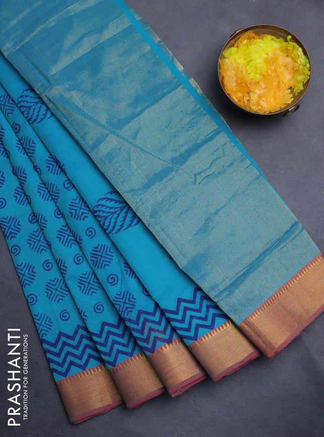 Mangalgiri cotton block printed saree teal blue and maroon with allover butta prints and zari woven border