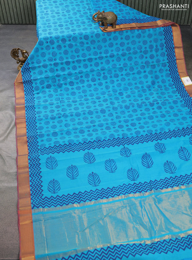 Mangalgiri cotton block printed saree teal blue and maroon with allover butta prints and zari woven border