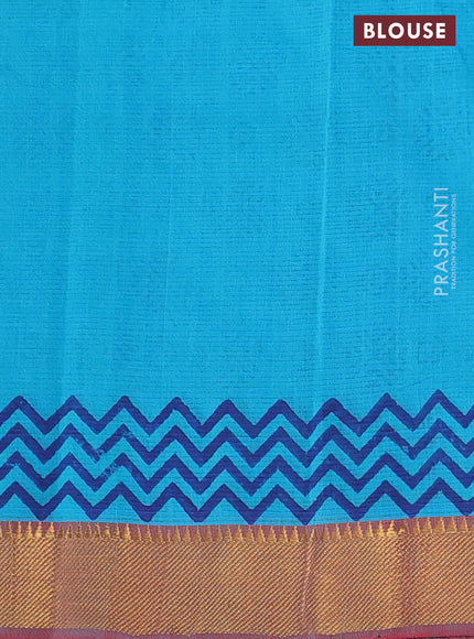 Mangalgiri cotton block printed saree teal blue and maroon with allover butta prints and zari woven border