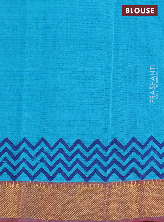 Mangalgiri cotton block printed saree teal blue and maroon with allover butta prints and zari woven border