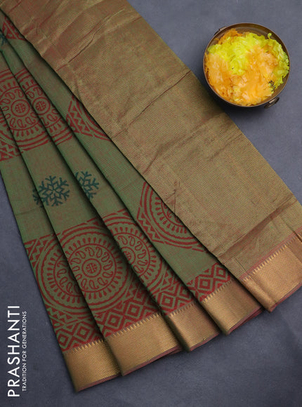 Mangalgiri cotton block printed saree dual shade of green with allover prints and zari woven border