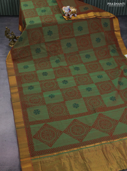 Mangalgiri cotton block printed saree dual shade of green with allover prints and zari woven border
