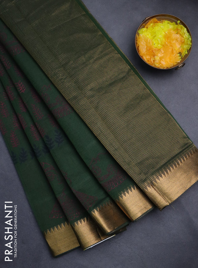 Mangalgiri cotton block printed saree sap green with allover butta prints and zari woven border