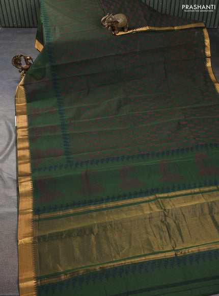 Mangalgiri cotton block printed saree sap green with allover butta prints and zari woven border