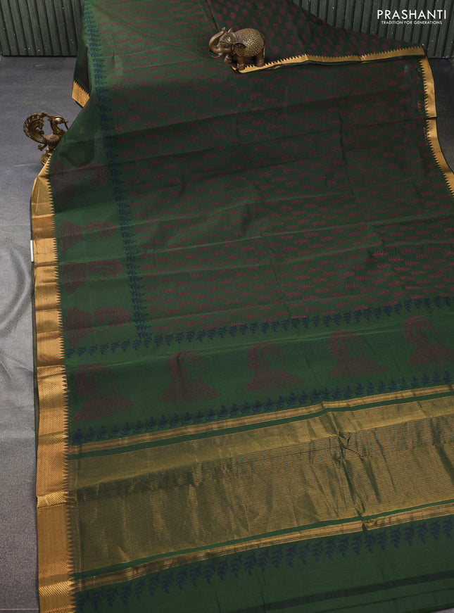 Mangalgiri cotton block printed saree sap green with allover butta prints and zari woven border