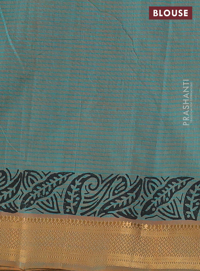 Mangalgiri cotton block printed saree dual shade of teal bluish mustard with allover prints and zari woven border