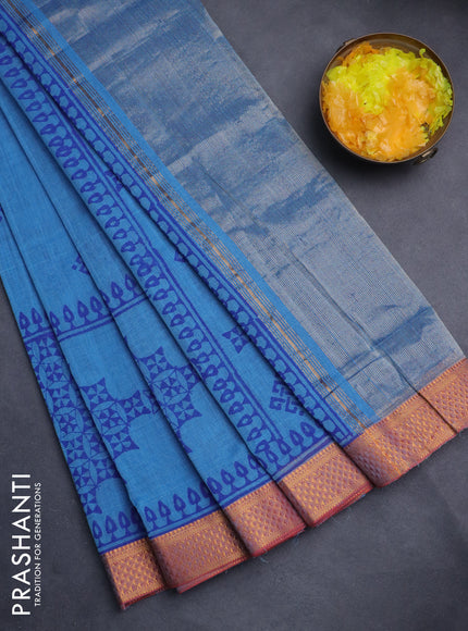 Mangalgiri cotton block printed saree blue with allover prints and zari woven border