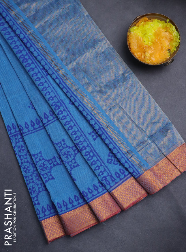 Mangalgiri cotton block printed saree blue with allover prints and zari woven border