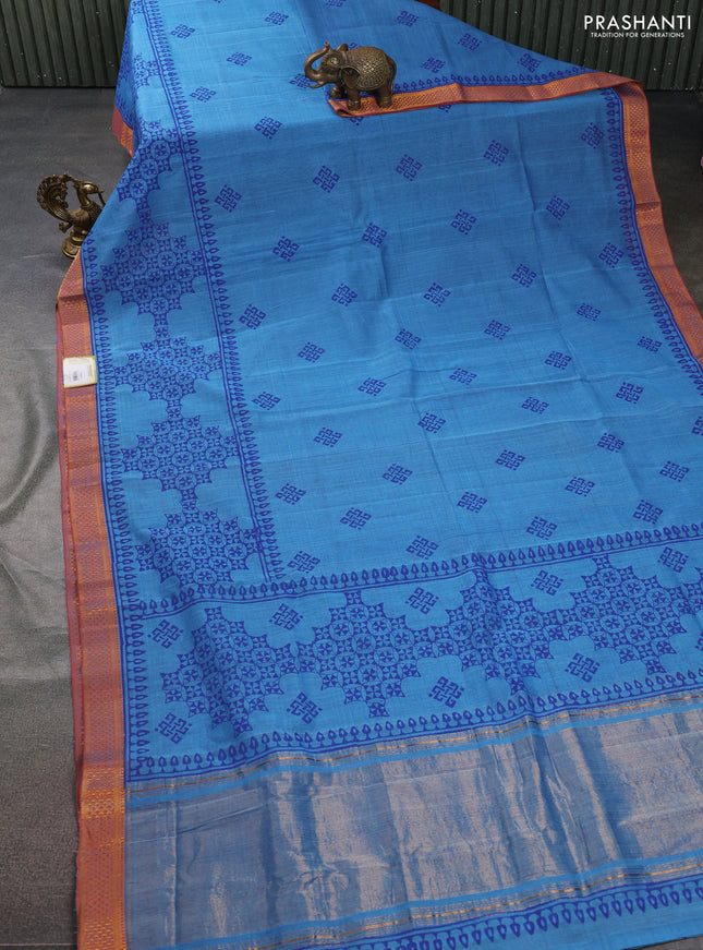 Mangalgiri cotton block printed saree blue with allover prints and zari woven border
