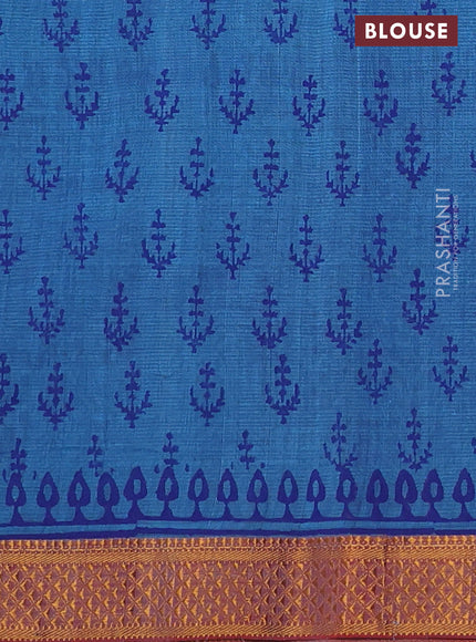Mangalgiri cotton block printed saree blue with allover prints and zari woven border