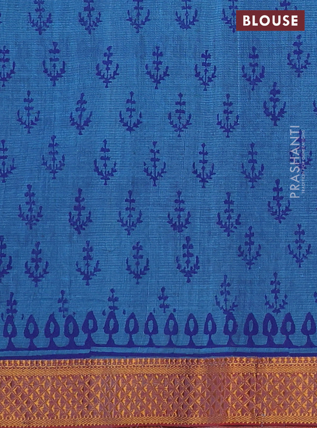 Mangalgiri cotton block printed saree blue with allover prints and zari woven border