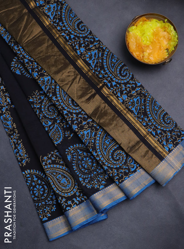 Mangalgiri cotton block printed saree black and cs blue with allover prints and zari woven border